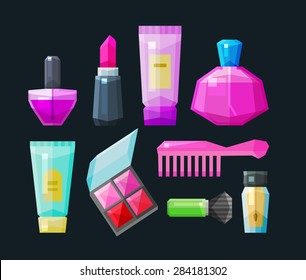 cosmetic a set of colored icons. Collection of elements - nail polish, lipstick, body cream, concealer, comb, hairbrush, brush, makeup, beauty, cosmetology