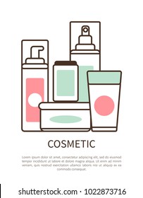 Cosmetic set colorful poster vector illustration with lot of creams in various shape bottles with pink and green labels, text sample, white background