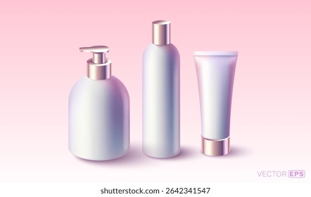 Cosmetic set, cream, shampoo, gel, mockup objects on pink background. Vector illustration