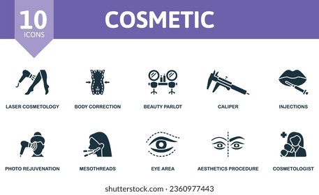 Cosmetic set. Creative icons: laser cosmetology, body correction, beauty parlor, calliper, injections, photo rejuvenation, mesothreads, eye area, aesthetics procedure, cosmetologist.