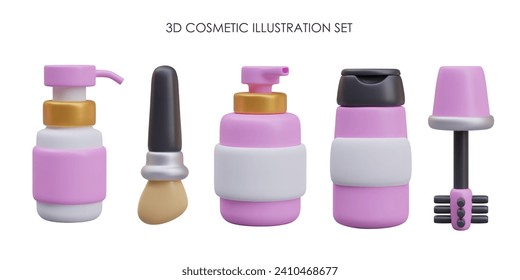 Cosmetic set with different elements. White bottle with dispenser, shampoo for hair, handle with brush for mascara and brush for powder. Vector illustration in 3d style