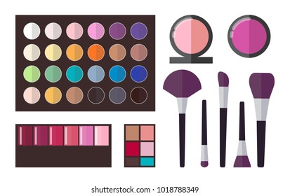 Cosmetic set, Eyeshadows collection, poster with palette of colors and tons, set of brushes and powders, cosmetics vector illustration isolated on white background