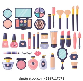 Conjunto cosmético. Accesorios de maquillaje de glamour. Conjunto de moda cosmética facial profesional. Gráficos vectoriales. Aislado sobre fondo blanco.