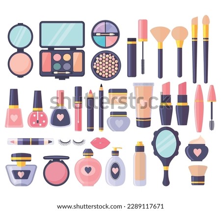 Cosmetic set . Glamor makeup accessories. Set of professional facial cosmetic fashion. Vector graphics. Isolated on white background.