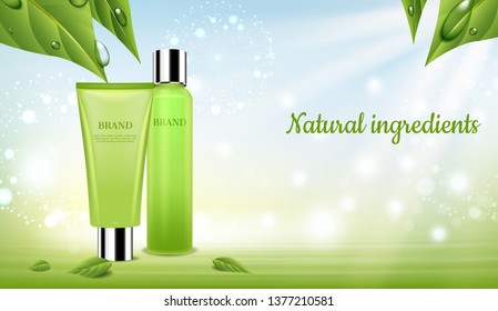 Cosmetic set with green leaves and Dandelion flowers Cosmetic set with green leaves and Dandelion flowers