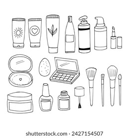 cosmetic set hand drawn in doodle style. minimalism, monochrome, scandinavian.