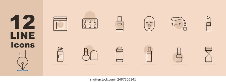 Cosmetic set icon. Cream jar, face mask, perfume bottle, makeup palette, face treatment, eye makeup, lipstick, lip gloss, deodorant