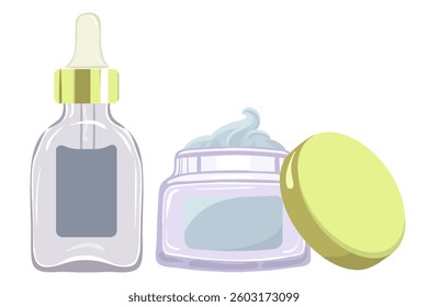 Cosmetic set icon. Dropper bottle and open cream jar suggest skincare application, face care, and beauty essentials.