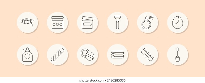 Cosmetic set icon. Eyeshadow, cream, razor, perfume, makeup brush, nail polish. Beauty, skincare, grooming concept. Vector line icons on beige background.