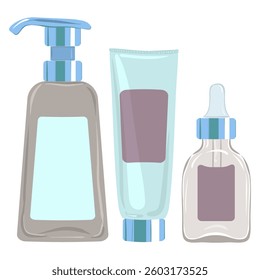 Cosmetic set icon. Lotion, tube, and serum bottle symbolize skincare steps, cleansing, hydration, facial care, and beauty regimen.