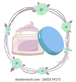 Cosmetic set icon. Open cream jar with lid in flower frame suggests moisturizing skincare, natural body lotion, organic treatment, clean product packaging.