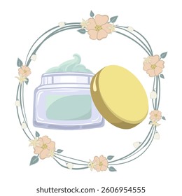 Cosmetic set icon. Open cream jar with lid in flower frame suggests moisturizing skincare, natural body lotion, organic treatment, clean product packaging.
