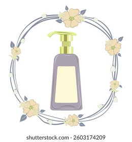 Cosmetic set icon. Pump bottle in flower wreath design suggests liquid cosmetic, natural soap, beauty product, skincare dispenser, floral hygiene branding.