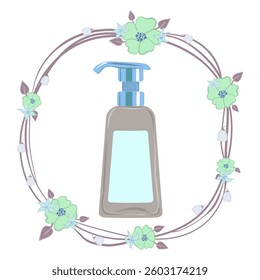 Cosmetic set icon. Pump bottle in flower wreath design suggests liquid cosmetic, natural soap, beauty product, skincare dispenser, floral hygiene branding.