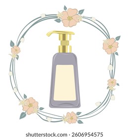 Cosmetic set icon. Pump bottle in flower wreath design suggests liquid cosmetic, natural soap, beauty product, skincare dispenser, floral hygiene branding.
