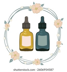 Cosmetic set icon. Two dropper bottles in floral wreath indicate organic serum, essential oil, skincare treatment, herbal formula, cosmetic application.
