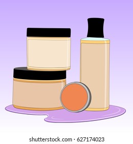 cosmetic set of jars, container and bottle on a color background