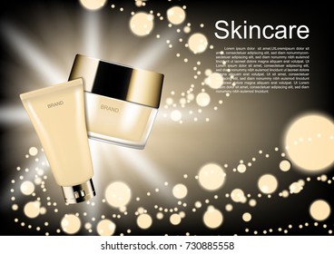 Cosmetic set with light bubbles and flashing light on dark background
