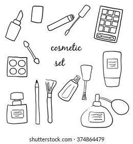 Cosmetic set. Lipstick, eye shadow, lip gloss, nail polish, cream, perfume. Vector illustration on white background