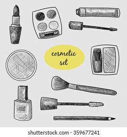 Cosmetic set. Lipstick, mascara, eye shadow, powder, blush, lip gloss, nail polish. Vector black and white illustration. Sketch
