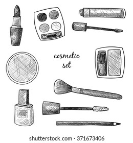 Cosmetic set. Lipstick, mascara, eye shadow, powder, blush, lip gloss, nail polish. Vector black and white illustration. Sketch