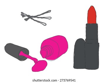 Cosmetic Set of lipsticks, nail polish and Hair-clip
