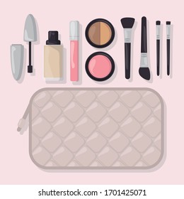 cosmetic set with mascara foundation lipgloss liptint blush-on shader brush and pouch
