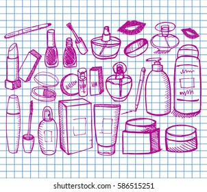 Cosmetic set on copybook background. Hand drawn. Vector illustration.