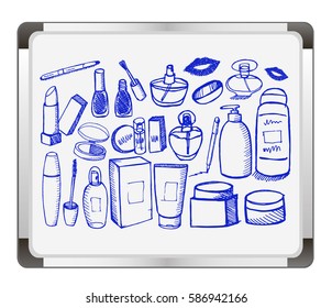 Cosmetic set on flip chart background. Hand drawn. Vector illustration.