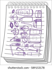 Cosmetic set on notebook background. Hand drawn. Vector illustration.