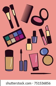 Cosmetic set on pink background top view. Isolated lipstick, eyeshadow, mascara and powder. Make up
