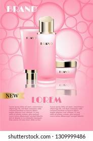 Cosmetic set on pink bubbles background