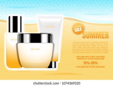 Cosmetic set on sea and sand background. Summer theme