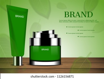 Cosmetic set on wooden table with greenery background