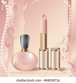 Cosmetic set perfumes and pink lipstick on a beautiful pink background with pearls