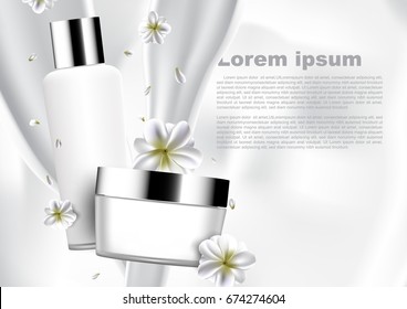Cosmetic set with pouring milk and falling flowerson white background vector white cosmetic collection