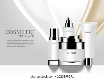 Cosmetic set with pouring milk and liquid gold background, vector cosmetic ads mockups