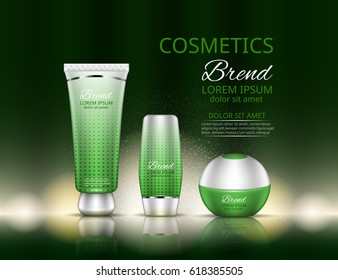 Cosmetic set. Realistic packaging. Logo and background design. Vector illustration.