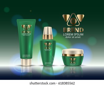 Cosmetic set. Realistic packaging. Logo and background design. Vector illustration.