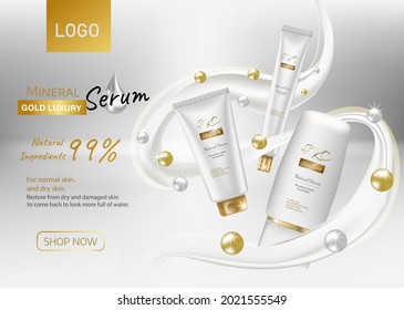 Cosmetic Set Realistic Vector Shining Background With Cream. Skin Care Cosmetics Body Lotion In White Bottle With Milk Splash And Gold Effect, Mockup Promote Banner Poster