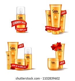 Cosmetic set with red ribbon and bow, summer sale. 3d illustration vector template. Mockup for web, magazine or adv. For your design