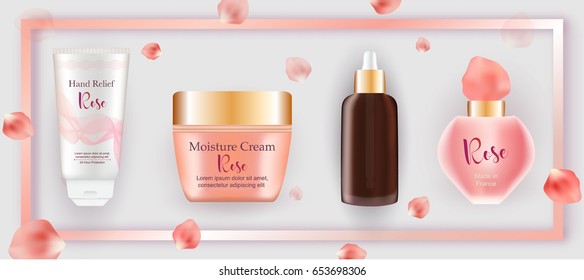 Kosmetische Hautpflege einzeln auf grauem Hintergrund. Handcreme, Gesichtscreme, Körperöl und Parfum, Rosenblätter und rosafarbener Rahmen. Werbegestaltung, Vektorgrafik. 