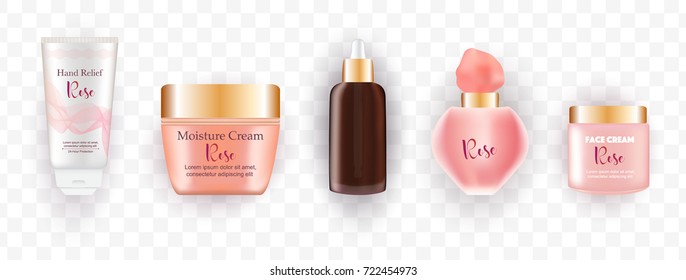 Cosmetic set skincare isolated on white transparent background. Hand cream, face creme, body oil and perfume mockup bottles. Advertisement design, vector illustration. 