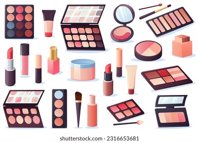 Equipo cosmético. Esta ilustración es un diseño plano y caricaturista que presenta un conjunto de productos cosméticos. Ilustración vectorial.