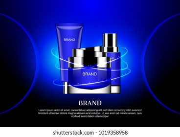 Cosmetic set in three halo lights on blue background with two half circles on left and right side
