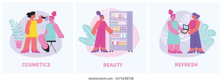 Conjunto estético de tres composiciones cuadradas con caracteres femeninos de estilo texto y doodle con productos de belleza ilustración vectorial