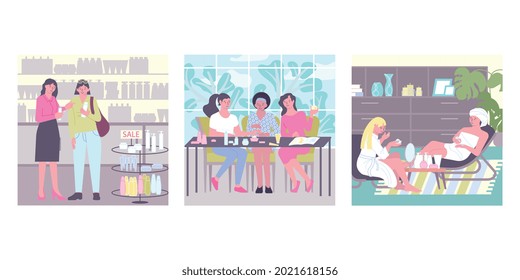 Cosmetic set of three square compositions with flat sceneries and female characters buying and applying cosmetics vector illustration