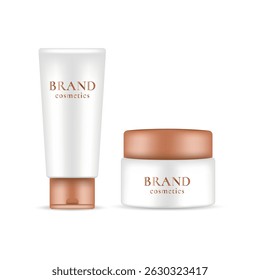 Cosmetic set: tube and jar with bronze caps on white background, realistic vector packaging mockup