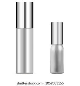 Cosmetic set of white bottles realistic illustration. Mirror lid white basis containers separated on background. Metallic or plastic material.