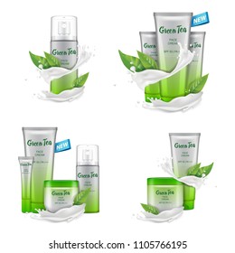 Cosmetic set with white splash and green tea leaves. Vector 3d illustration template. Mockup for web, magazine or ads for your design
